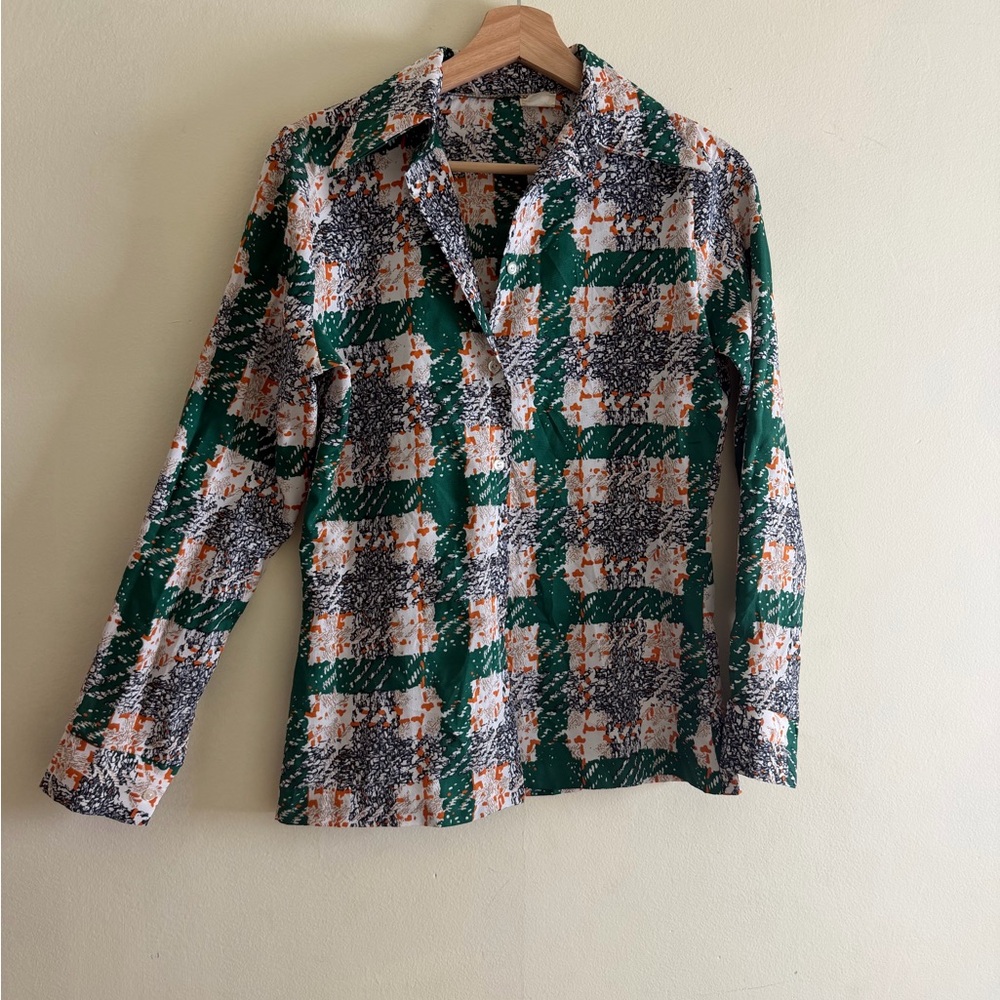MT Green White Orange Plaid Casual Button Down Shirt with Abstract Print